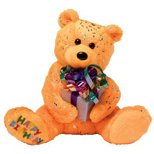 Ty Beanie Baby- Happy Birthday Bear in Orange with Present