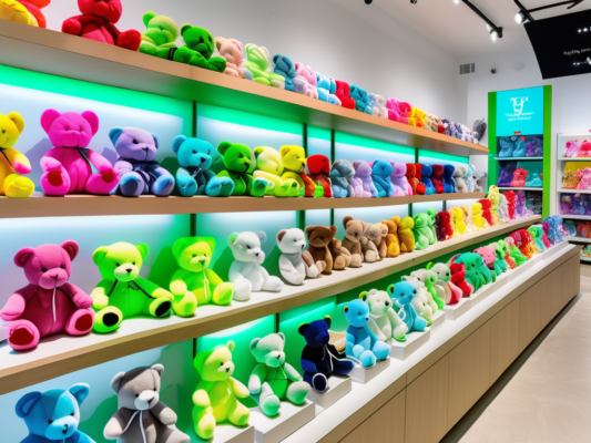 A variety of colorful ty beanie babies on display in a shop setting