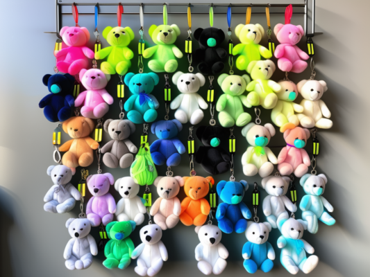 Various colorful beanie baby keychains hanging from a shop display stand