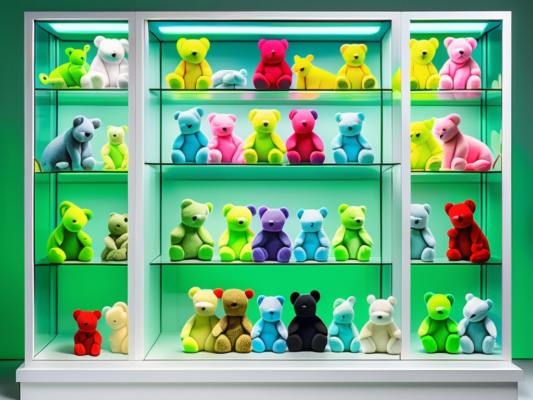 Various colorful beanie babies arranged in different styles of display cases