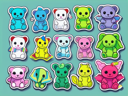 A variety of colorful ty beanie babies with their respective stickers