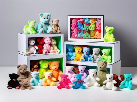 A variety of colorful ty beanie babies arranged in a whimsical display