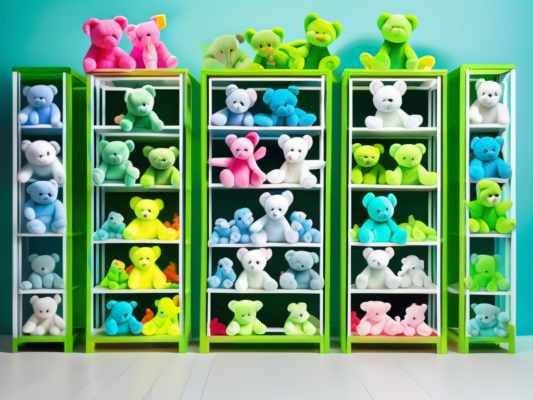 The original nine beanie babies in a playful arrangement on a shop display shelf