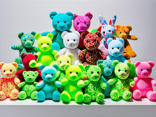 A variety of colorful ty beanie baby toys arranged into an artistic sculpture on a shop display