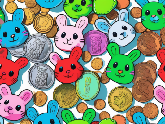 A variety of colorful ty beanie baby toys next to a pile of shiny coins