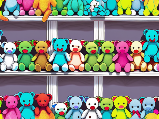 A vibrant and colorful assortment of ty beanie babies in various poses on a shop shelf