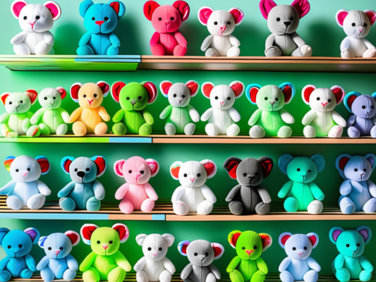 Various generations of ty beanie babies arranged in a playful display on a store shelf