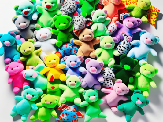 A variety of colorful ty beanie babies arranged in a shop-like display