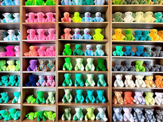A variety of colorful ty beanie babies neatly arranged on a store shelf