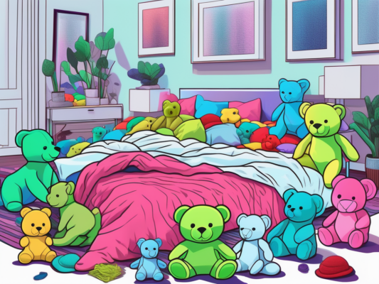 A colorful and cozy bedroom scene filled with various types of ty beanie babies arranged on a bed and scattered around the room
