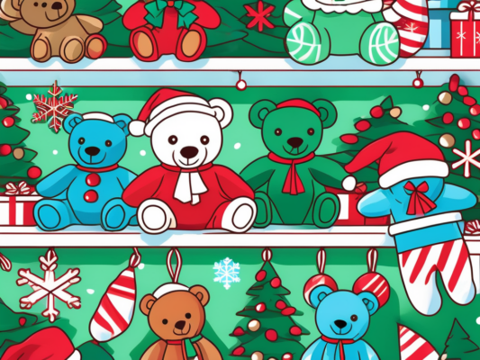 A festive scene featuring various ty beanie baby holiday bears displayed on a shelf
