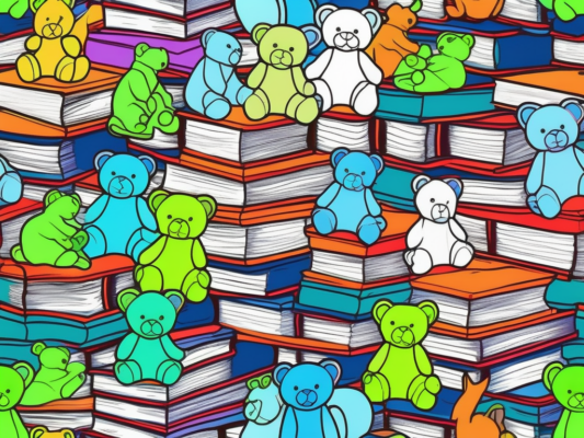 A variety of colorful ty beanie babies arranged around and on top of a stack of books