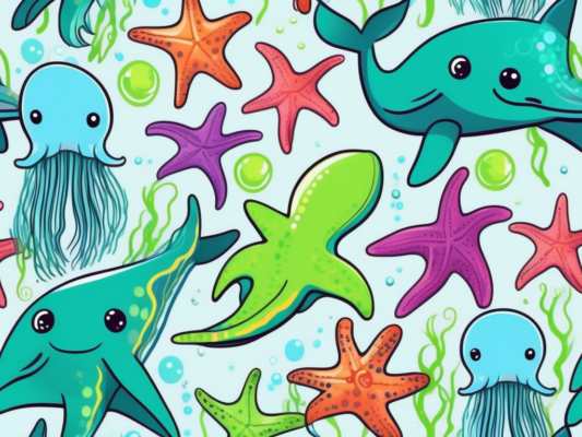 A variety of colorful and cute beanie baby sea creatures such as a starfish